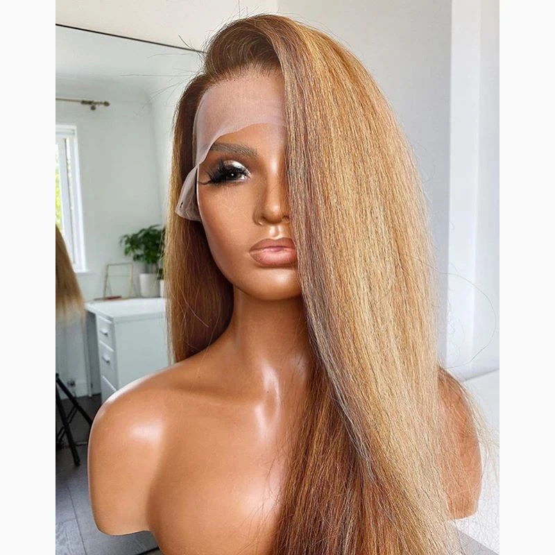 Free Part Ombre Blonde Yaki 24Inch 200 Density Long Kinky Straight Natural 13x4Lace Front Wig Women BabyHair Preplucked