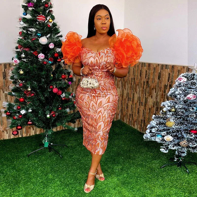 

African Printed Midi Dresses for Women Party Wedding Evening Strapless Short Sleeve Robe Summer Red Femme Pencil Birthday Dress