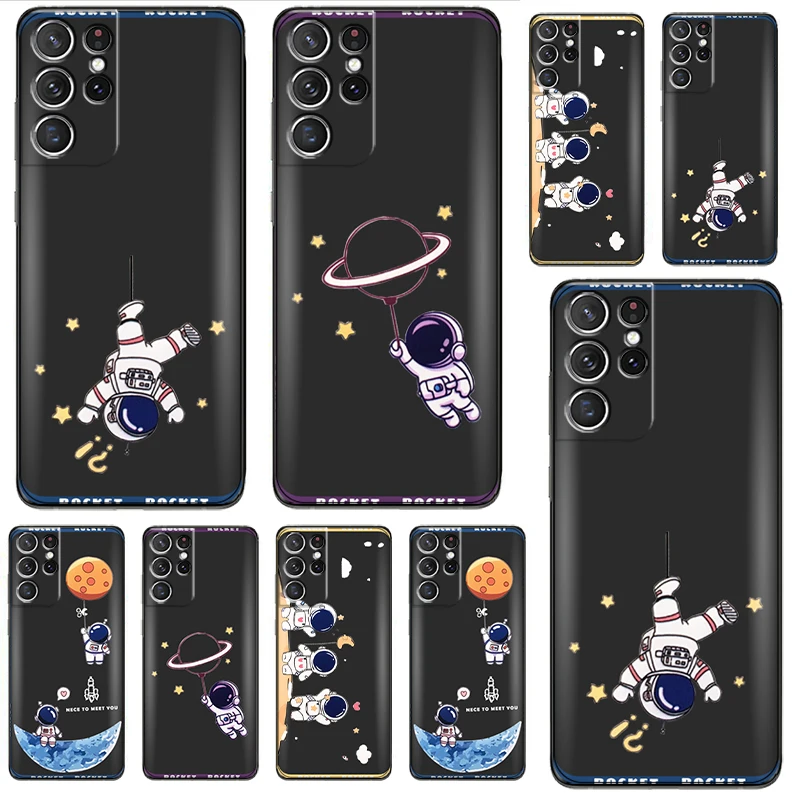 

Lovely Astronaut Phone Case For Samsung Galaxy S22 S21 S20 Ultra FE 5G S22 S10 10E S9 Plus Soft Funda Back Black Carcasa