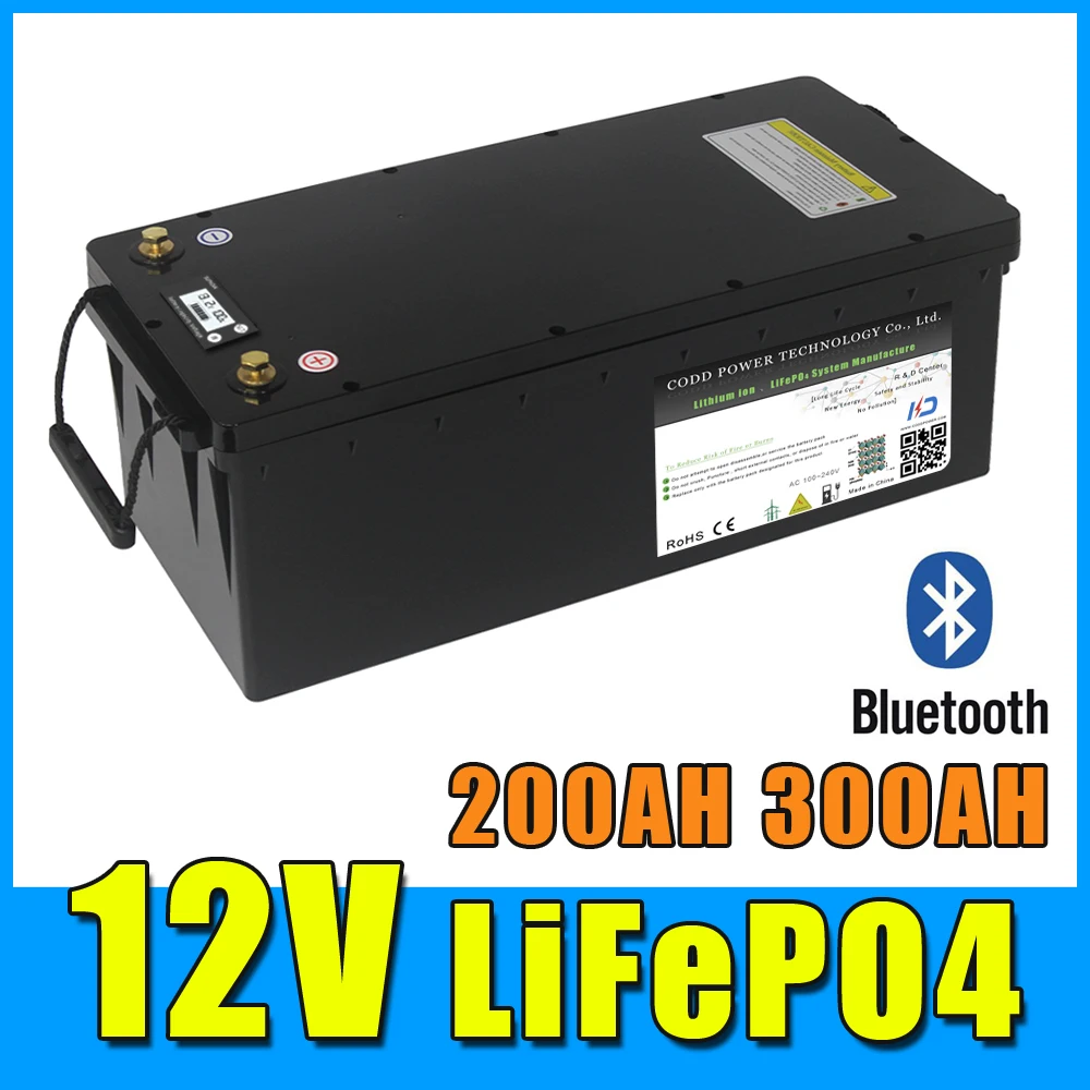 12V 200AH 300AH LiFePO4 Battery with Bluetooth BMS 14.6V Charger Waterproof Case LCD Solar RV Storage Boat Yacht