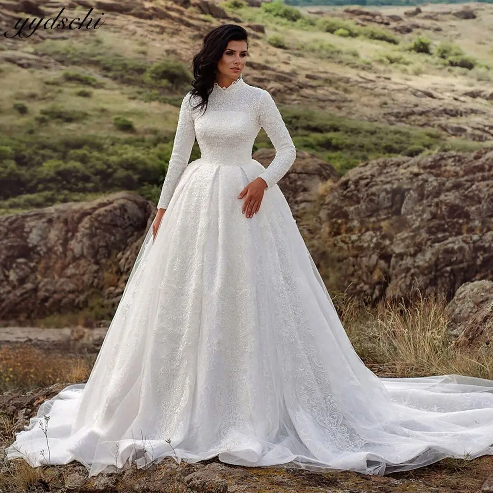 

Luxury White Musilm High Neck Long Sleeves Wedding Dresses 2023 Saudi Arabic Lace Appliques Buttons Bride Gowns Vestido De Novia