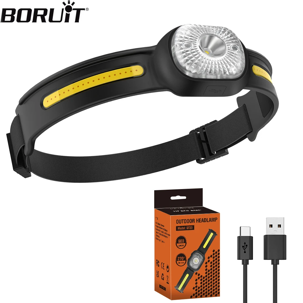 BORUiT GT20 Mini Silicone Headlamp Portable Foldable 5-Mode Type-C Rechargeable IPX4 Waterprrof  Head Torch For Camping Fishing