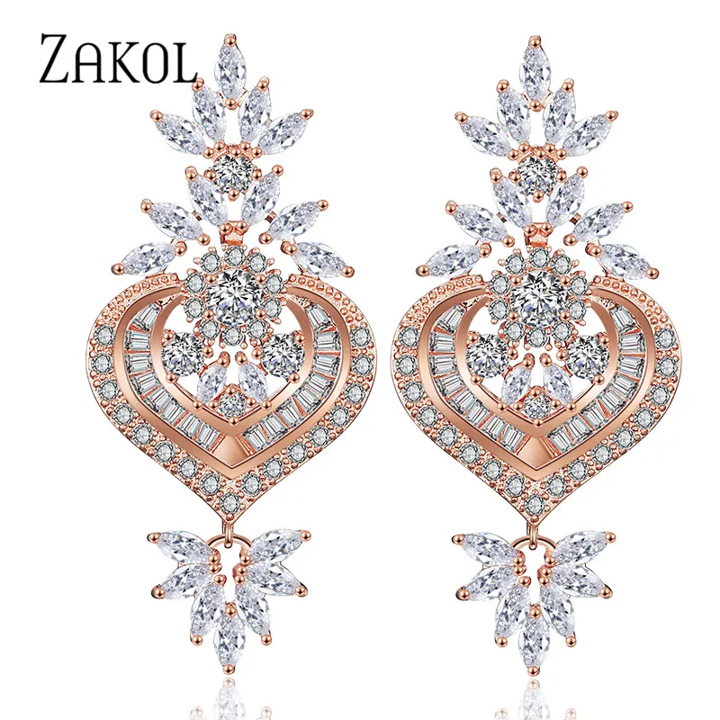 

ZAKOL Chandelier Rose Gold Luxury Big Long Marquise Flower Drop Earrings Shining CZ Brincos Bridal Women Wedding Jewelry FSEP187