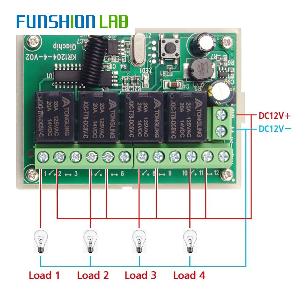 FUNSHION 433.92Mhz DC 6V 12V 24V 10A 4CH Relay Module Receiver EV1527 Wireless Remote Control Switch 433Mhz for Motor DIY |