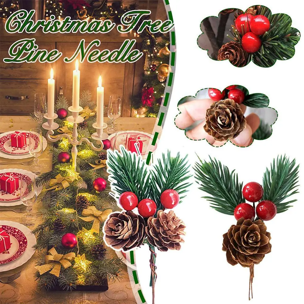 

1pc Christmas Decoration Pine Needle Christmas Tree Pine Nut Accessories Gift Box Decor Pine Needle Berry Stem Xmas Wreath DIY