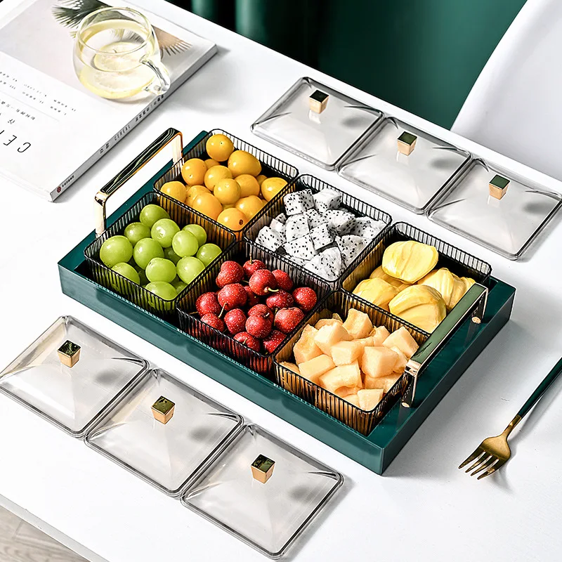 

Fruit Plate Coffee Table Drain Tray Desktop Candy Snacks Melon Seeds Kitchen Plate Food Storage Box with Lid Nuts Cake Plate