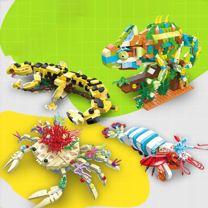 Биомиметические животные геккон/хамелеон/молода креветки/краб кирпичи MOC модель