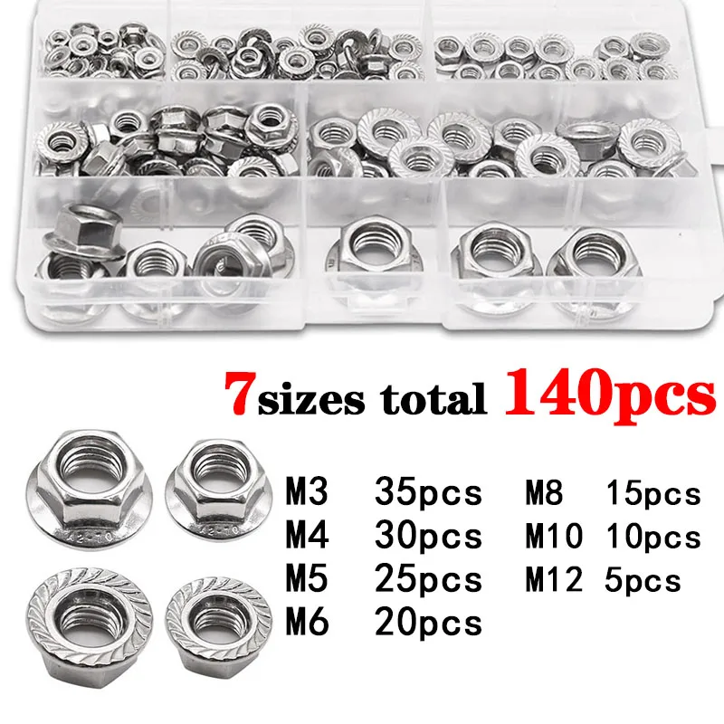 140 шт. M3 M4 M5 M6 M8 M10 M12 304 Шестигранные фланцевые гайки из нержавеющей стали с