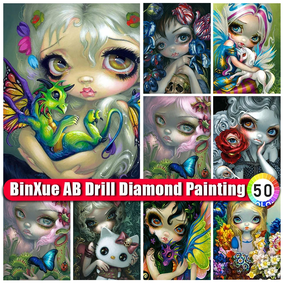 

BinXue Cartoon Big Eyed Girl AB Diamond Painting Kit Dinosaur Butterfly DIY Cross Stitch Flower Handmade Mosaic Home Decor Gift