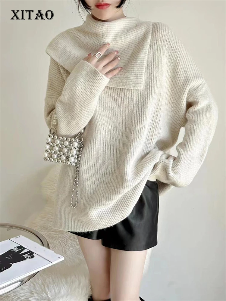 

XITAO однотонные Цвет вязанные пуловеры с узором, элегантное платье с отложным воротником мода все-матч Женская 2022 Новый свитеры, подчеркиваю...