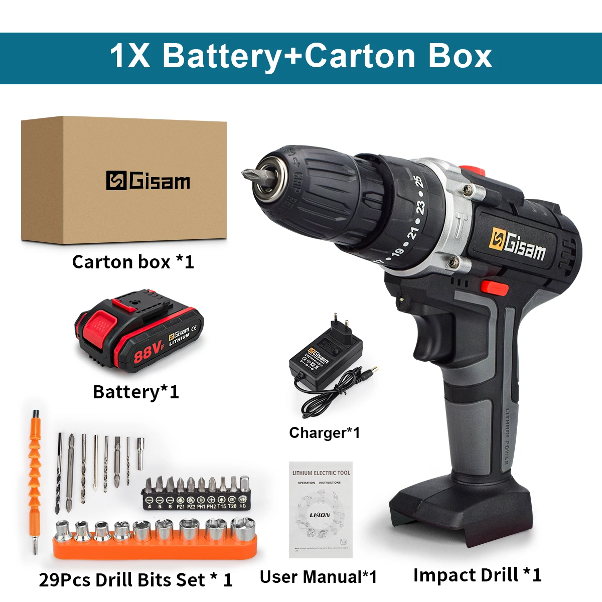 

Gisam аккумуляторная дрель 25+3 Нм 2 скорости