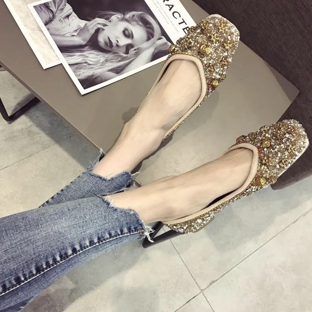 

Crystal Sequins Shallow Square Toe Soft Flats Women Shoes Spring Slip-on Trendy Ballet Mixed Colors Blingbling Female Casual