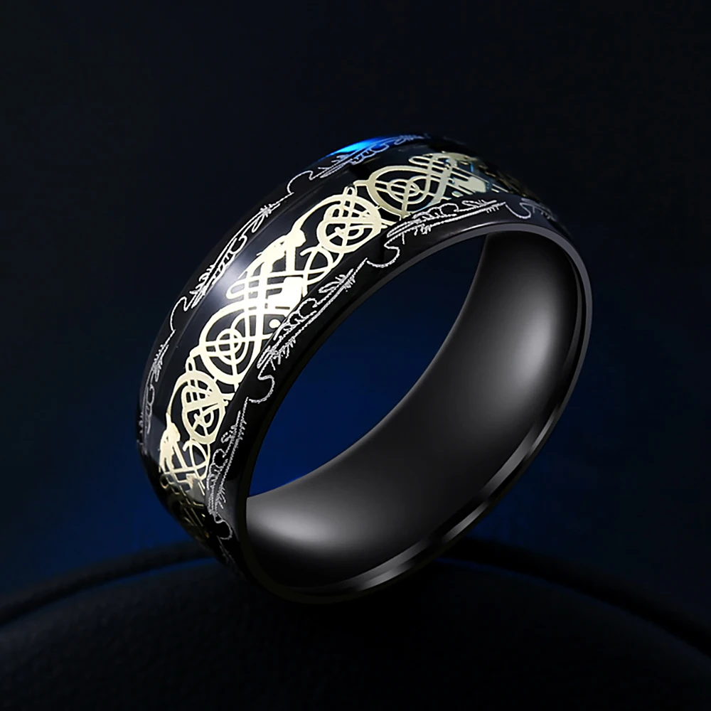 

High Quality Simple Stainless Steel Viking Runes Rings Golden Color Dragon Man's Ring Punk Biker Fashion Jewelry Gifts Wholesale