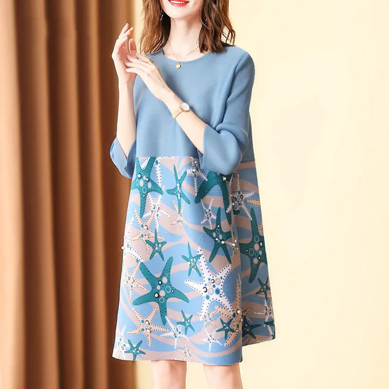 

Women dress Early autumn printing knee dress new fashion pleated loose thin medium long skirt European beauty dress clothing