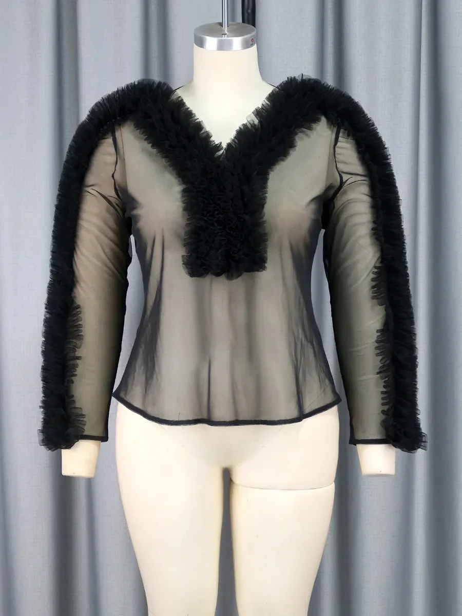 Черные прозрачные топы с V-образным вырезом пуловер оборками повседневные блузки