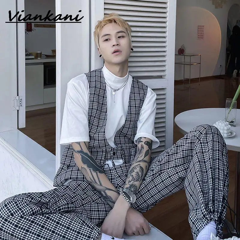 

2022 Handsome Men trend suit summer plaid vest and niche Korean loose legging trousers elegant cool streetwear two pisces sets