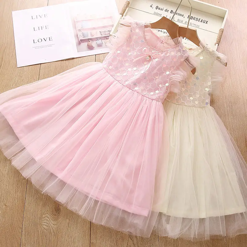 

2022 Summer New Girls Dresses Kids Sleeveless Sequins Lace Princess Dress Sweet Party Birthday Dress Baby Girl Clothing