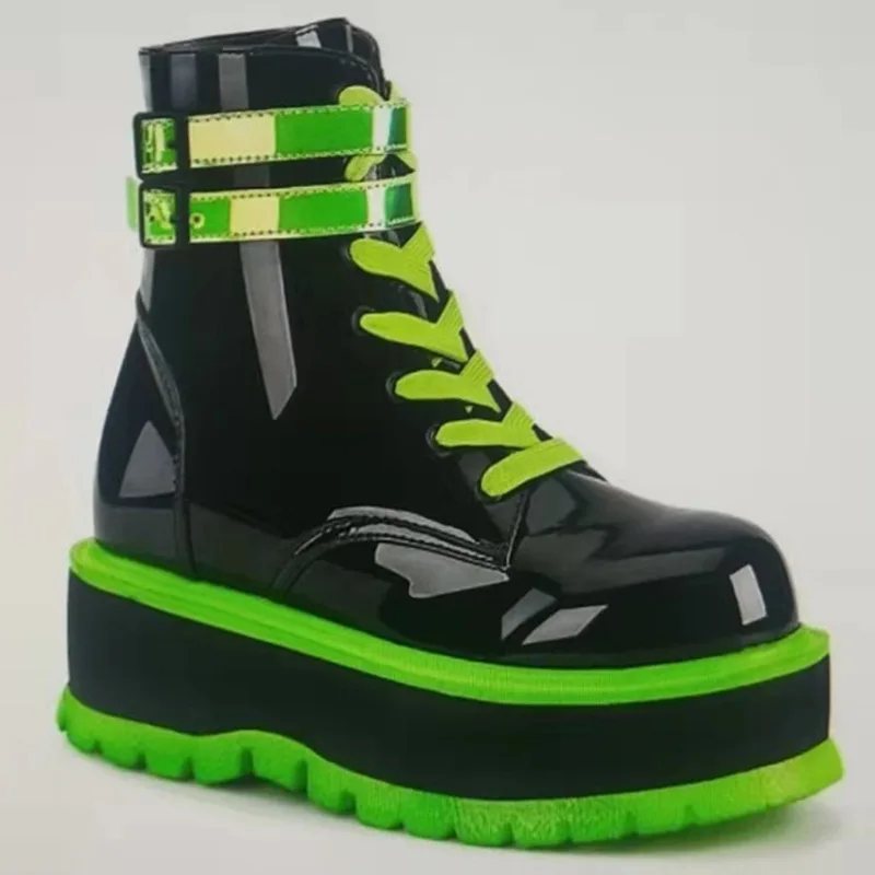 

Net Celebrity Fashion Women's Boots Round Toe Increased Slope Heel Belt Buckle Punk Style Fluorescent Motorcycle Boots ZX269