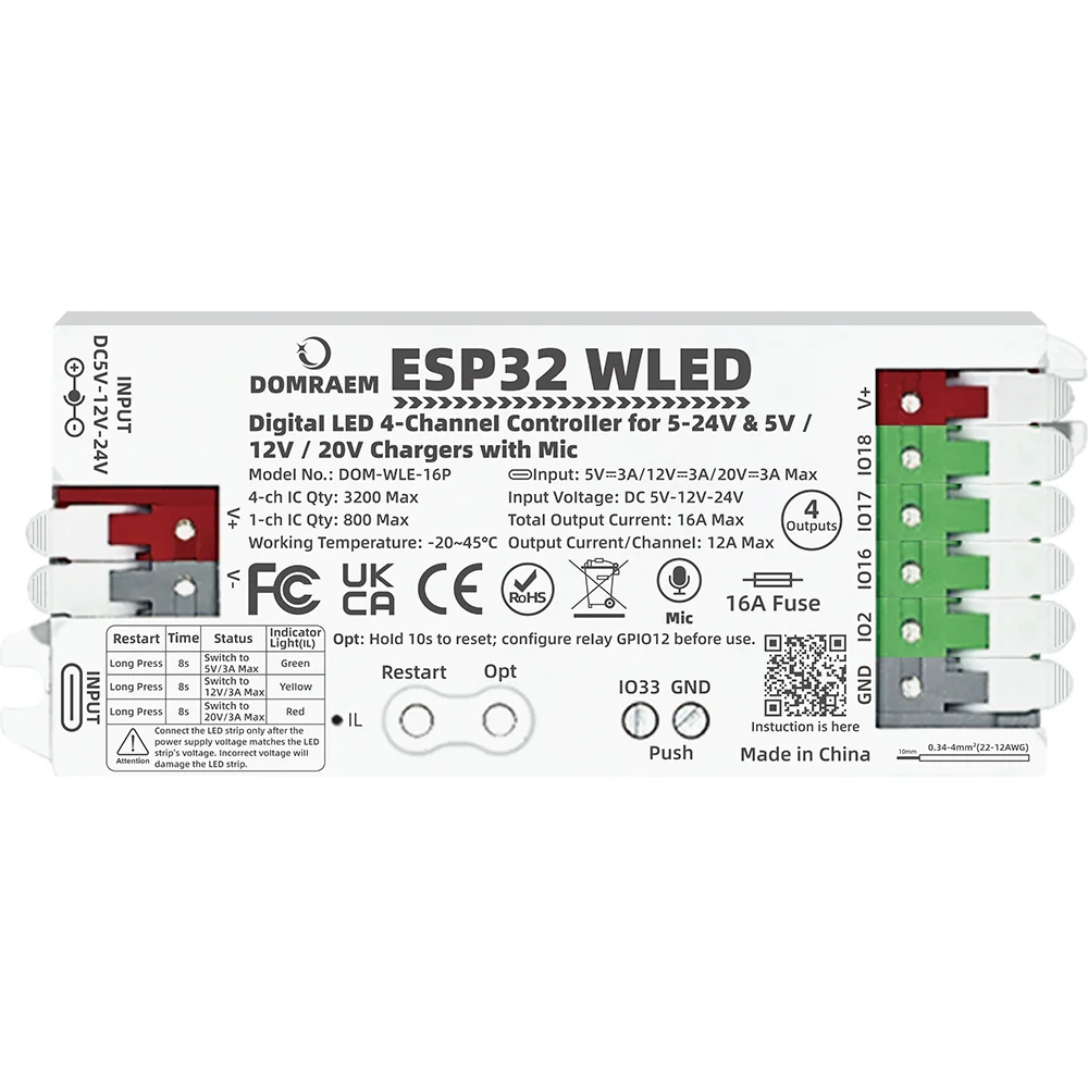 DOMRAEM ESP32 WLED контроллер звуковой реакции 4 канала 16А