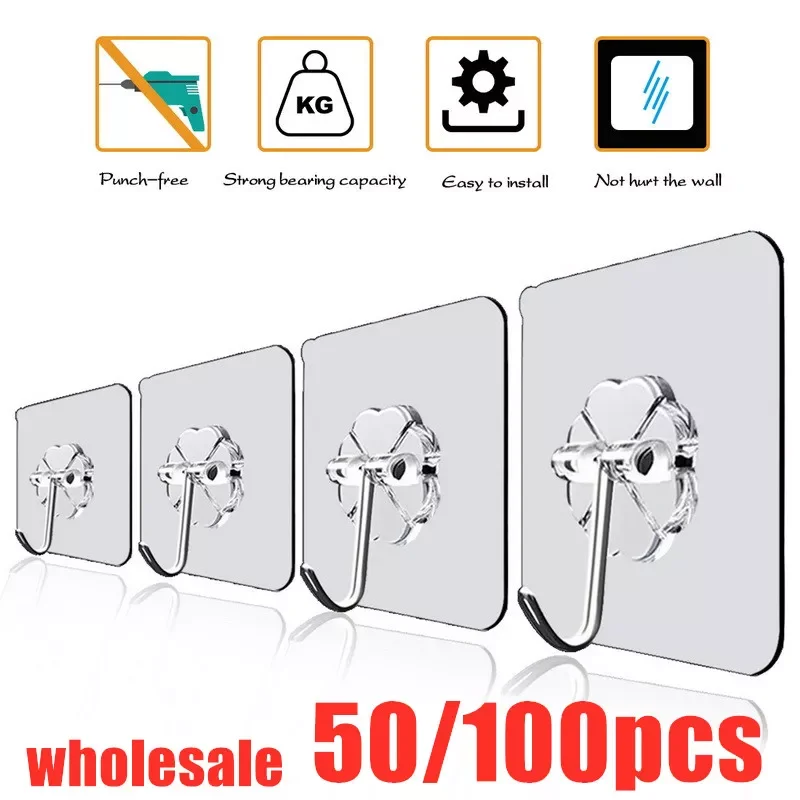 

NEW2023 Wholesale 50/100PCS Transparent Strong Self Adhesive Wall Hook Hanger Suction Heavy Load Rack Sticker Hooks for Kitchen
