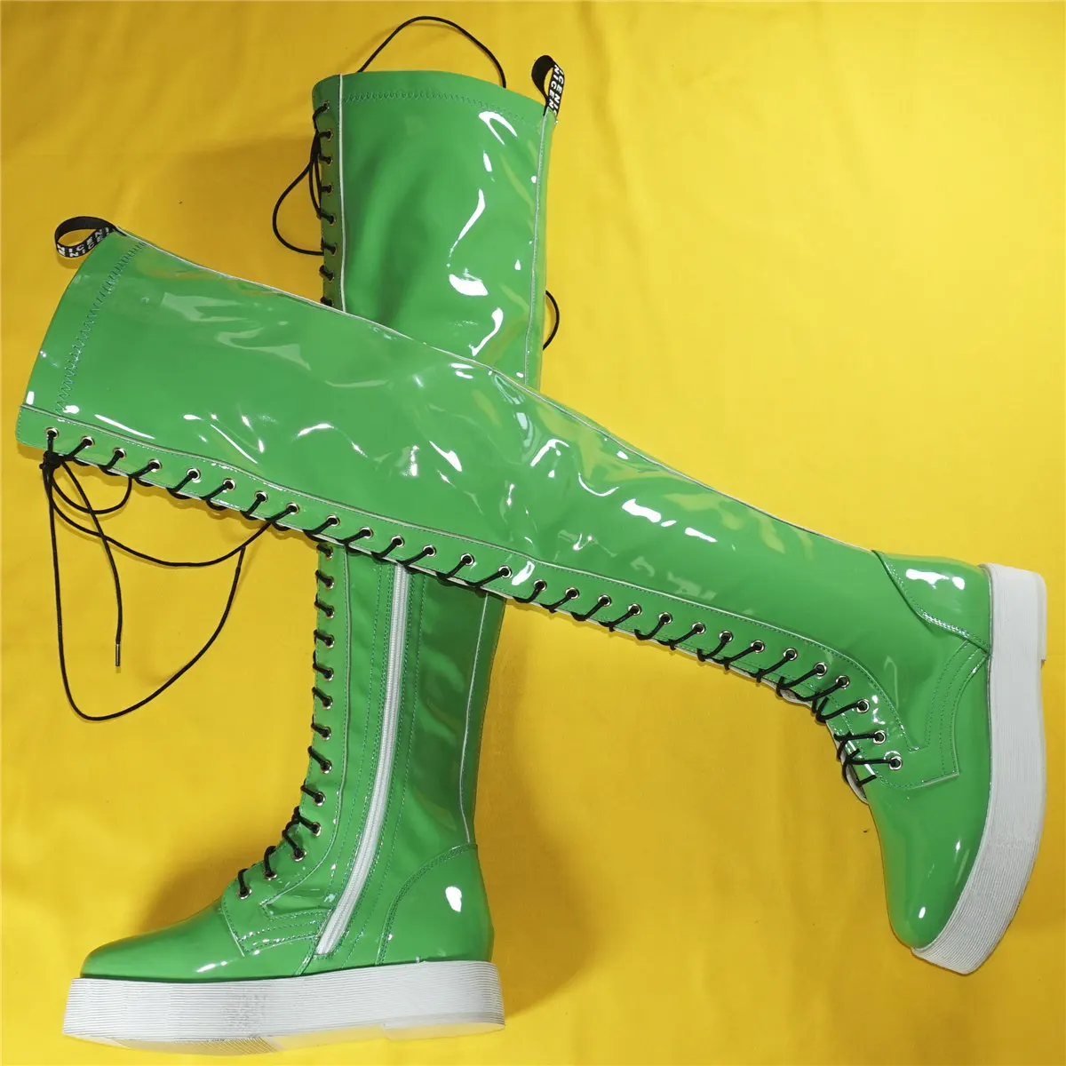 Green Platform Pumps Women Lace Up Patent Leather Over The Knee Thigh High Boots Female Round Toe Fashion Sneakers Casual Shoes