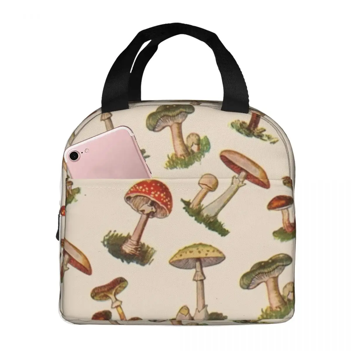 

Mushrooms Lunch Bag with Handle Vegetarian Retro Fungi Picnic Cooler Bag Zipper Aluminium Fancy Thermal Bag