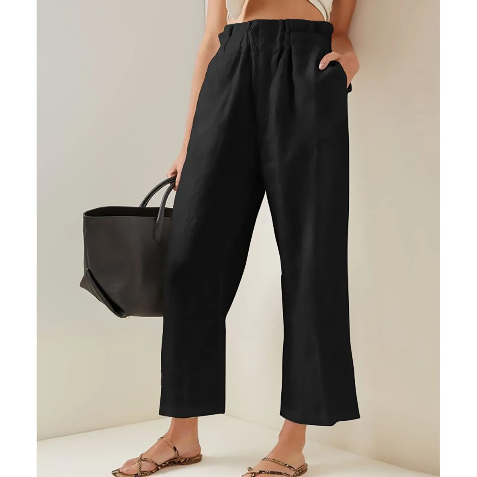 Винтажные однотонные свободные прямые брюки женские летние хлопковые с