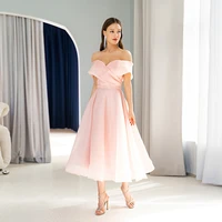 blush pink elegant evening dress off the shoulder tulle pleated and a line ankle length lace up prom dress vestidos de noche
