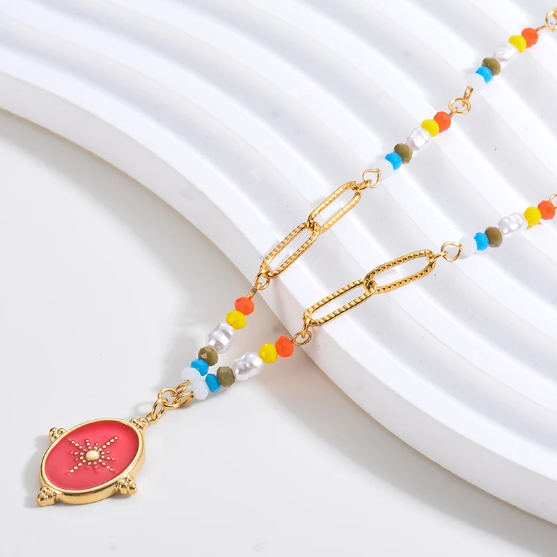 

1 Pc Fashion Bohemia Star Pendant Colorful Beaded Chain Necklace for Women Girls Stainless Steel Waterproof Jewelry Gift