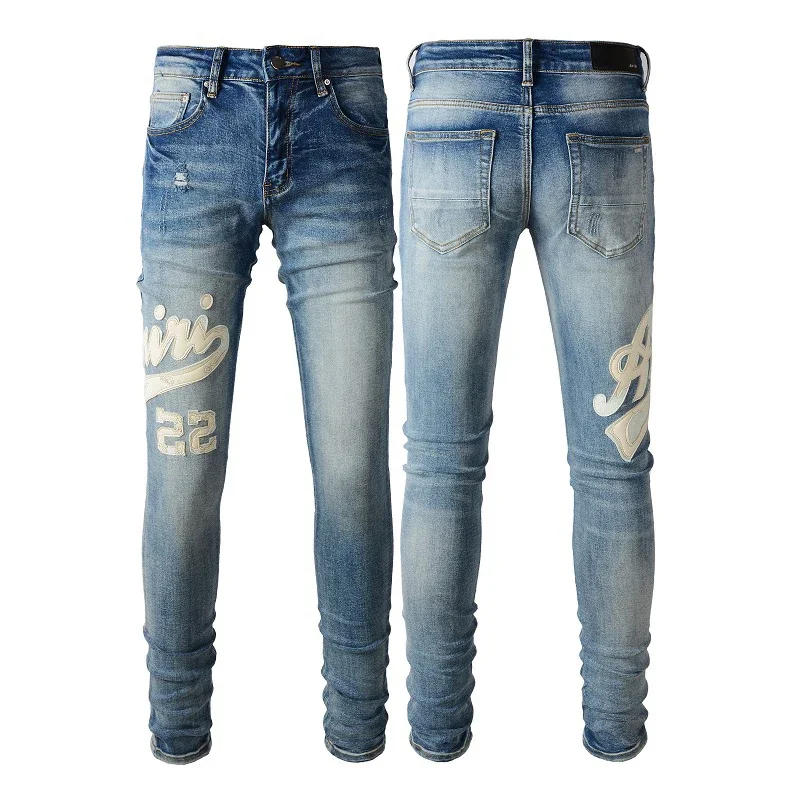 

New Arrivals Blue Distressed Streetwear Slim Fit Leather Letter Pattern Embroidered Patch Blank Skinny Stretch Ripped Jeans