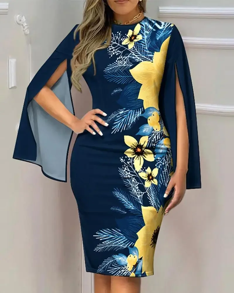 

Spring Summer Fashion Elegant Printed Pencil Dress Women Office Ladies Cloak Split Sleeve Slim Floral Printed Midi Dress Women