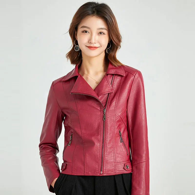 Red Short Coats 2022 Spring  Autumn Women's Jacket Slim Casual Thin Motorcycle Coat Women's Leather Dress Women's Fashion