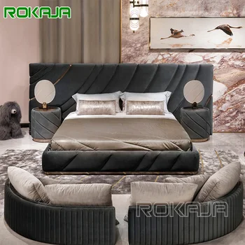 Top-End Queen Size Headboard Leather Bed Fabric Upholstered Soft Bed King Size Double Bed Bedroom Furniture Set