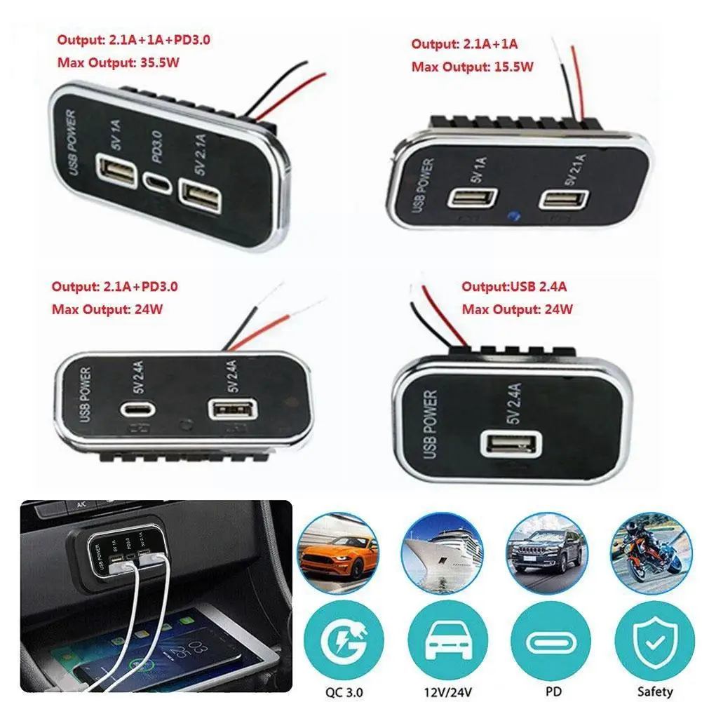 

3 Ports 24W PD Type-C 2.1A 1A USB Car Charger Socket 12/24V for Motorcycle Auto Truck ATV Boat RV Bus Power Adapter Outlet E9U2