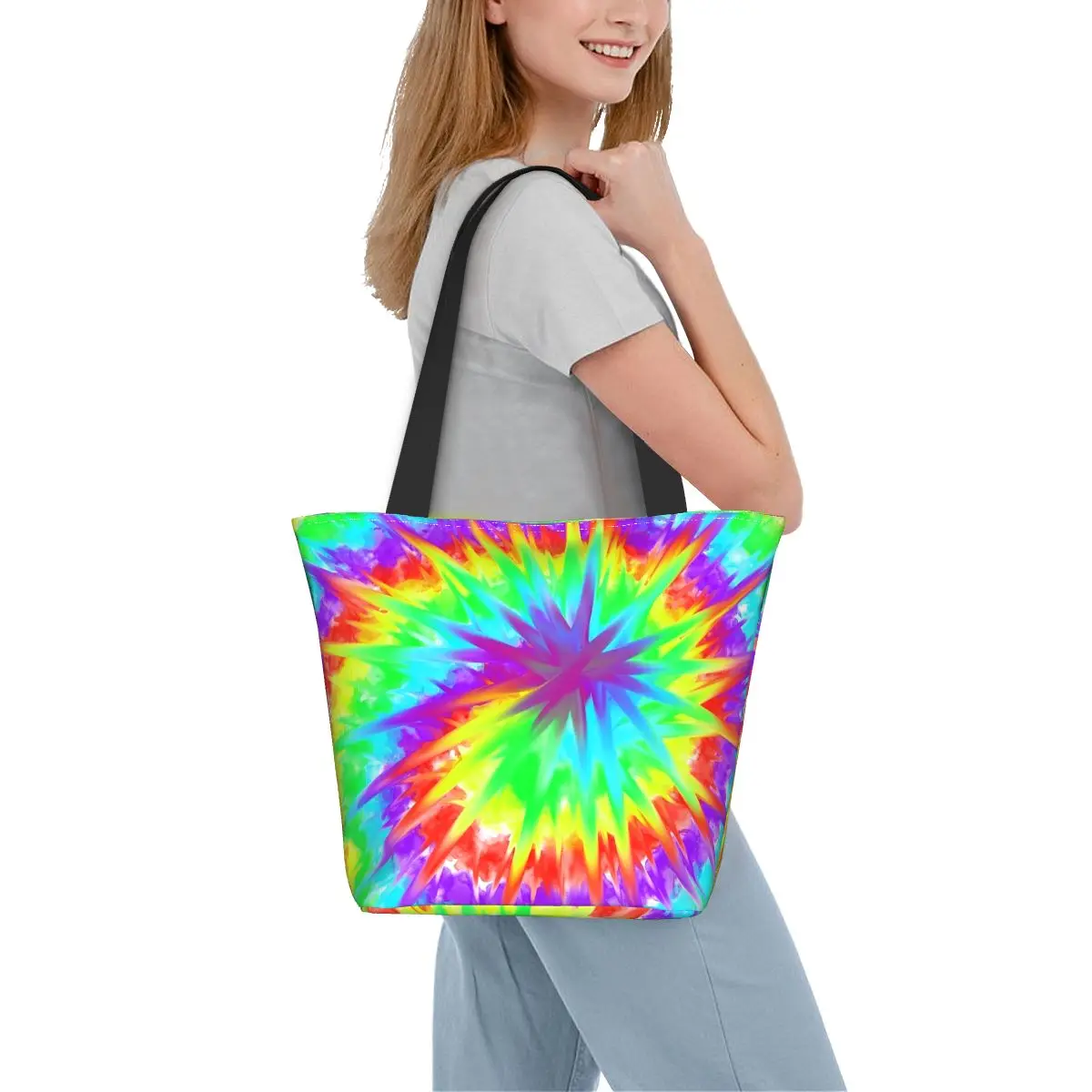 

Bright Tie Dye Shopper Bag Colorful Swirl Streetwear Handbags Women Graphic Design Shopping Bags Vintage Polyester Tote Bag