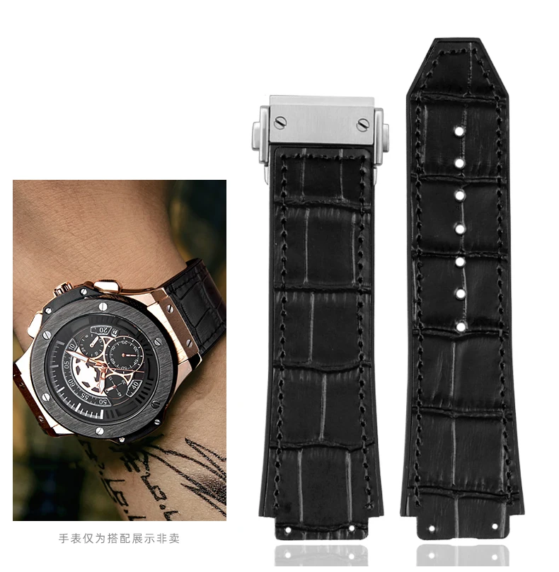

For Hublot strap BIG BANG Watchband stainless buckle free tool Men New real cow leather Rubber Watchband 26*19mm Brown Black