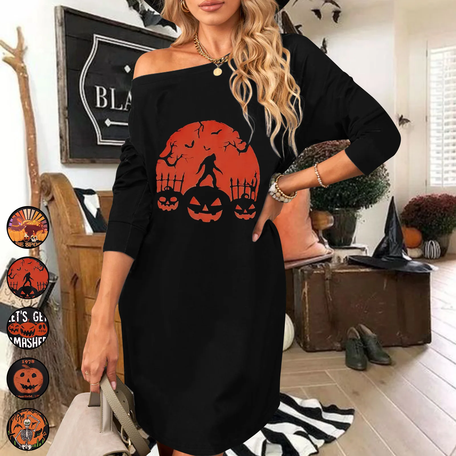 

2022 Women's Fall New Halloween Fashion Casual Loose Pumpkin Head Long Sleeve Dress Vestidos De Fiesta