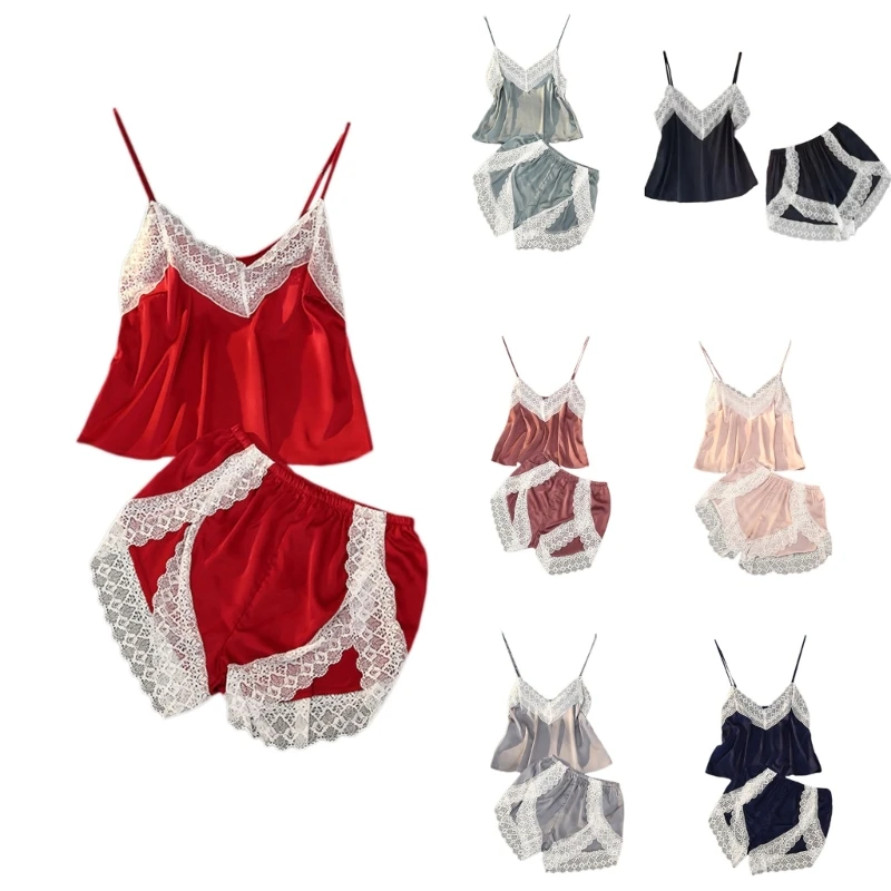 Sleeveless Summer Pajama V-Neck Sleepwear Sexy Satins Lacy Edge Solid Color Tops Shorts Suit for Women Summer Night