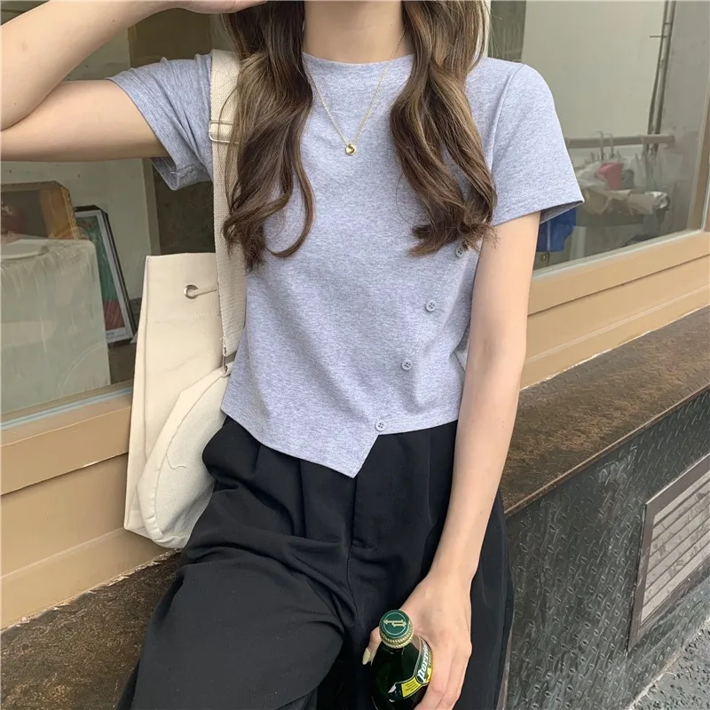 

Летняя однотонная Универсальная футболка с коротким рукавом и круглым вырезом, серого цвета