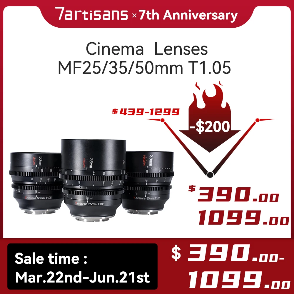 7artisans 7 artisans 25/35/50mm T1.05 APS-C Vision Cinema Lens For Fujifx Sony E Micro 4/3 Blackmagic BMPCC 4K Z CAM E2 Canon RF