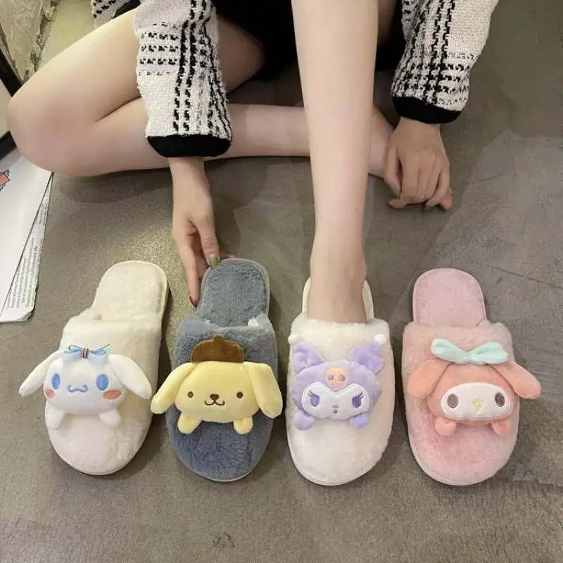 

Kawaii Anime Sanrios Cinnamoroll Kuromi MyMelody Cartoon Furry Slippers for Outer Wear Home Warm Flat Cartoon Plush Slippers