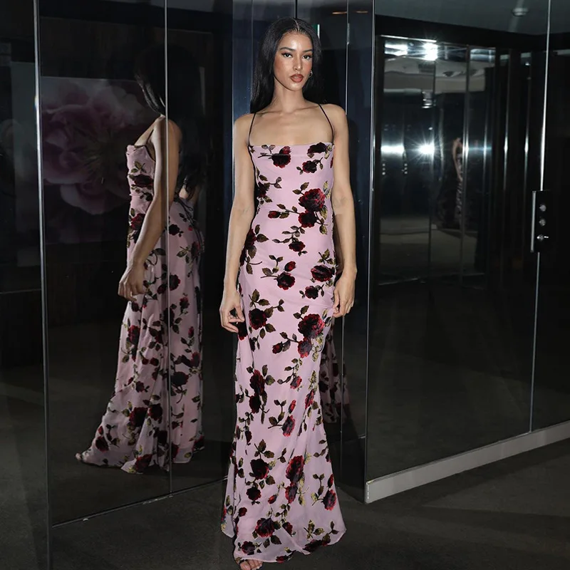 

Women Summer Vintage Style Dress Lady Casual Spaghetti Strap Sleeveless Backless Bandage Printed Dress Vestidos SS294