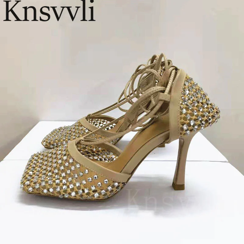 

Summer Pumps Women Rhinestone Air Mesh Gladiator Sandals Woman Square Toe Ankle Strap Party Occasion Crystal Sandals Women