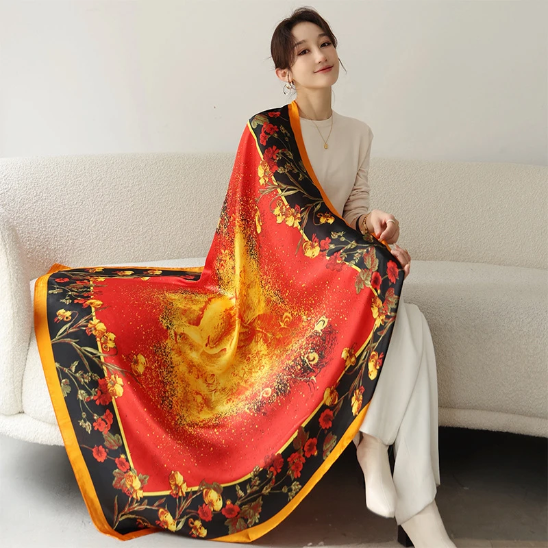 

Elegant Office Women Silk Scarf Shawls Imitation Silk Vintage Floral Thin Party Female Long Wrap Sunscreen Bandana Hijab Present