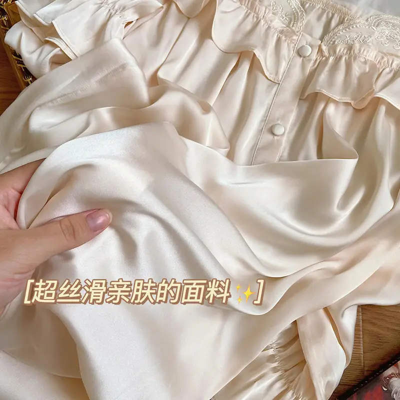 French Women's Dressing Gown Night Dress Negligee court style Silk Robes Nightwear Satin Sleepwear Summer Nightdress Large Size