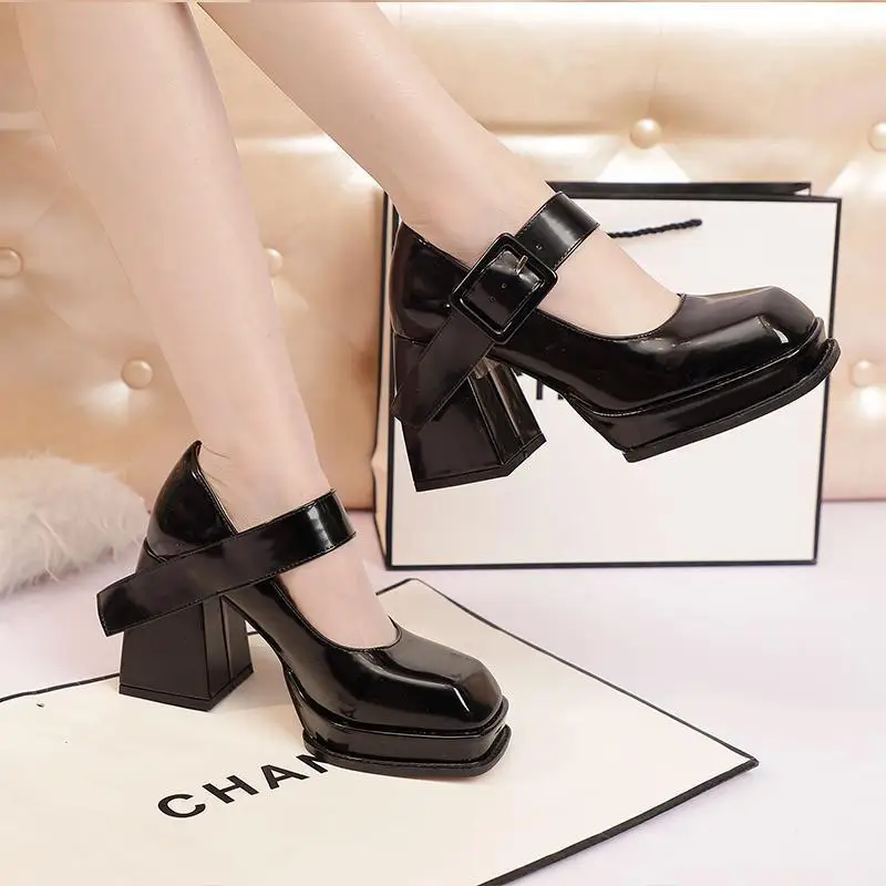 

High Heel Mary Jane Shoes for Women 2021 Summer Autumn Chunky High Buckle Strap Pumps Leather Woman Thick Bottom High Heels