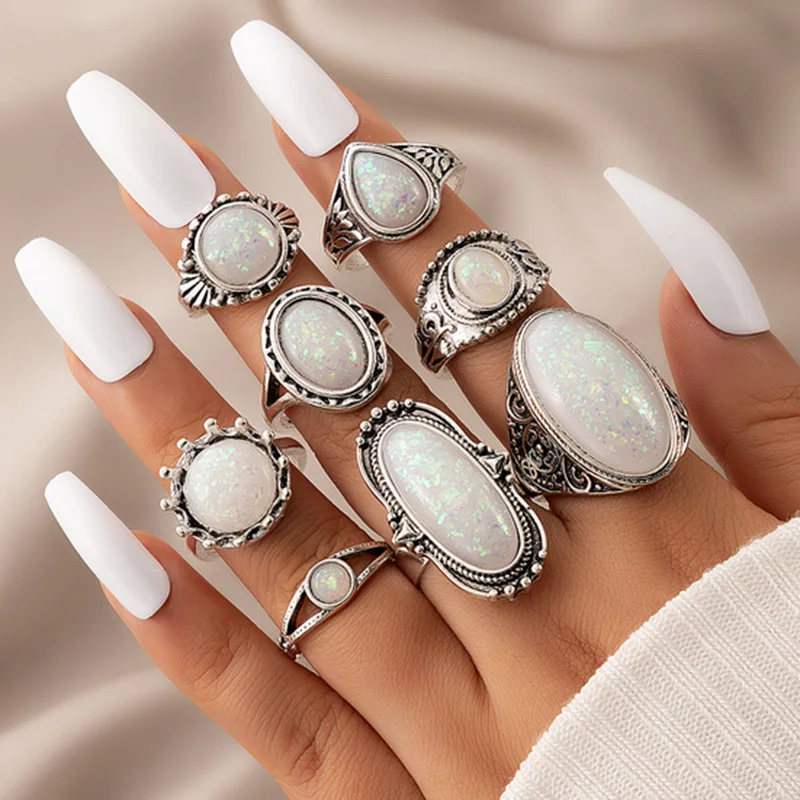 

Vintage Geometric Round Bohemian Ring Women Oval Faux Opal Gemstone 8 Piece Joint Ring Set Party Fashion Jewelry
