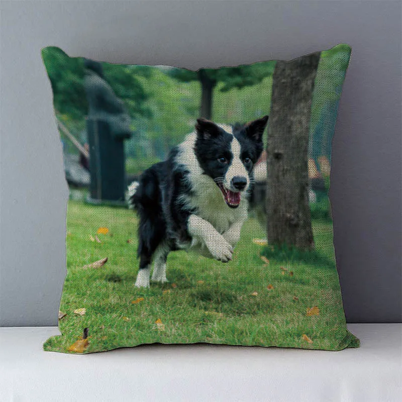 

Home Decorative Cushions For Sofa 45x45cm Cozy Couch Cushion Cover Square Bed Pillow Covers Flax Linen Fabric Border Collie Dogs