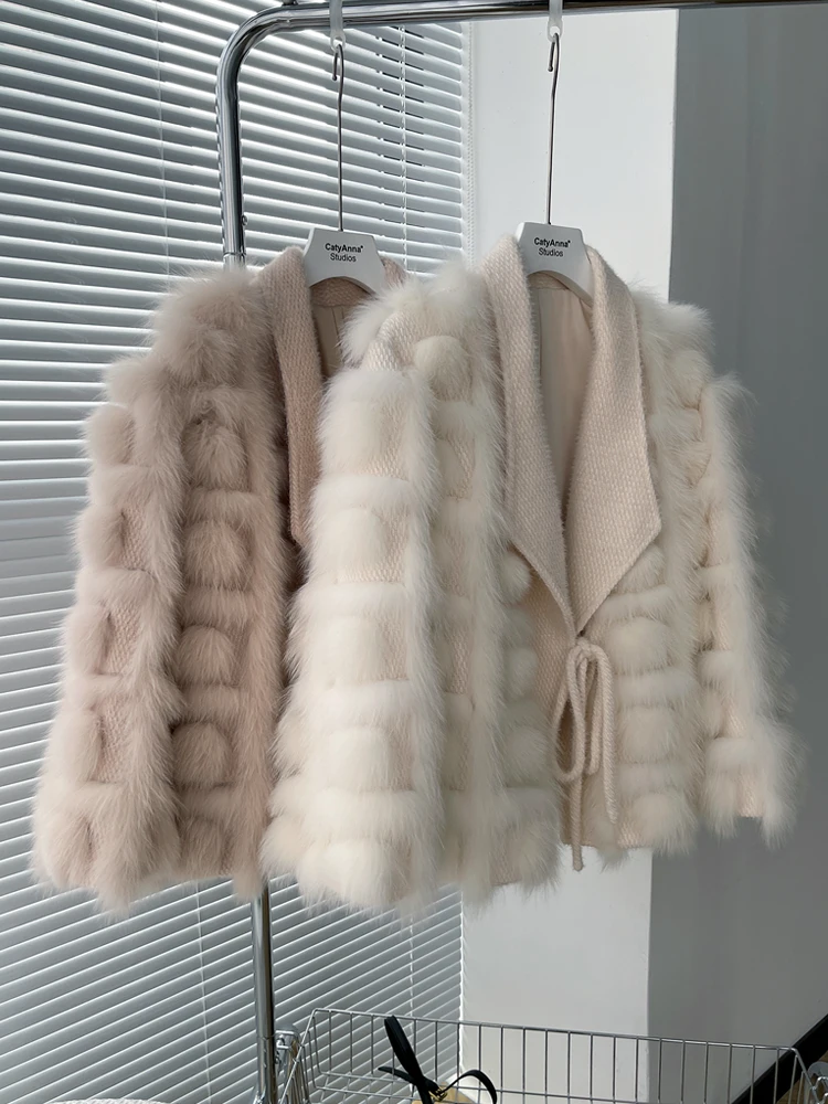 2022 Autumn Winter Knitted Cardigan Jacket blended Thick Warm New Fashion Belt Turn Down Collar Real Fox Fur Coat Women