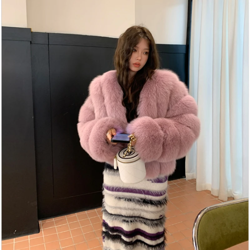 

RosEvans Vintage Fox Fur Full Pelt Female Short Coat Luxury Warm Fur Coat Winter New Fashion Thick Natural Fox Fur Jacket Women